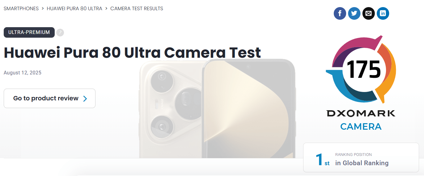 Huawei Pura 80 Ultra занимает первое место в DxoMark